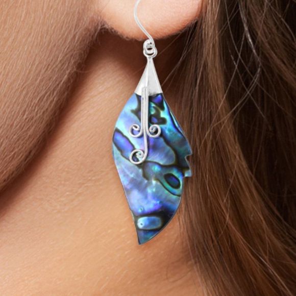 Abalone Shell Leaf Earrings in Sterling Silver - Picture 3 of 8